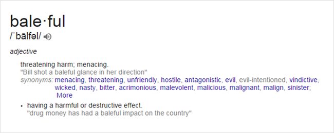 baleful definition in dictionary